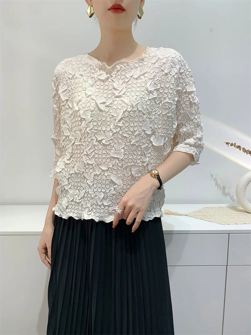 Miyake Embroidered Hand-Pleated Women's Round-Neck Top