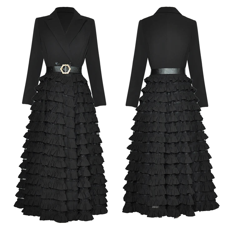 Vireous Black Suit-Collar Tiered Maxi Dress, Winter Catwalk Collection