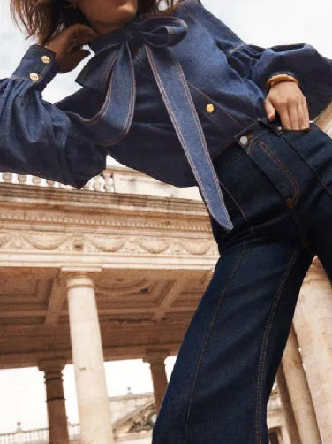 Vireous Women's Princess Sleeves High-Neck Bow Tie Denim-Look Blouse