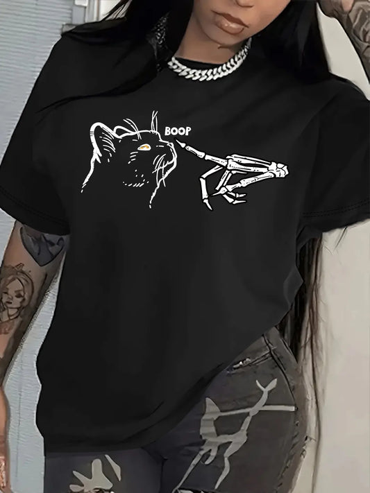 'Boop' Skeleton Hand Cat Design T-Shirt