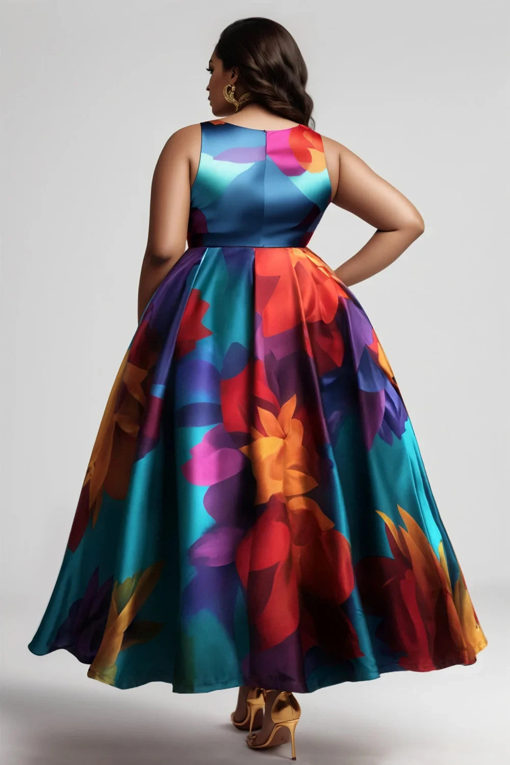 Vireous Floral Abstract Print Tank Dress, Sleeveless Evening Dress, Plus Sizes