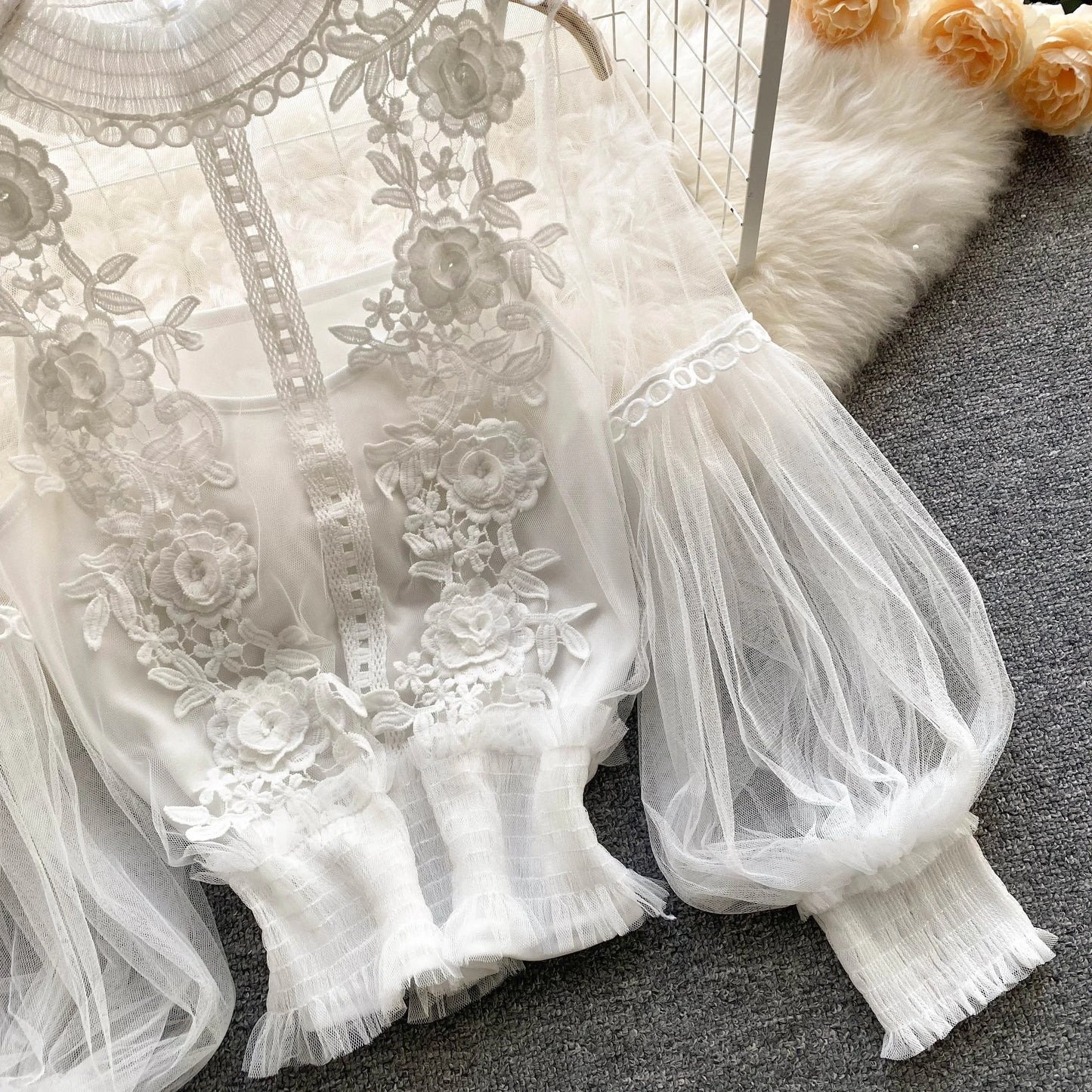 Lace See-Through Puff-Sleeve Vintage Fashion Blouse