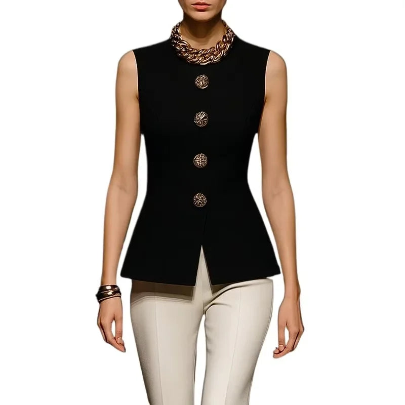 Women's Black Elegant Summer Sleeveless Tailored Tunic Top