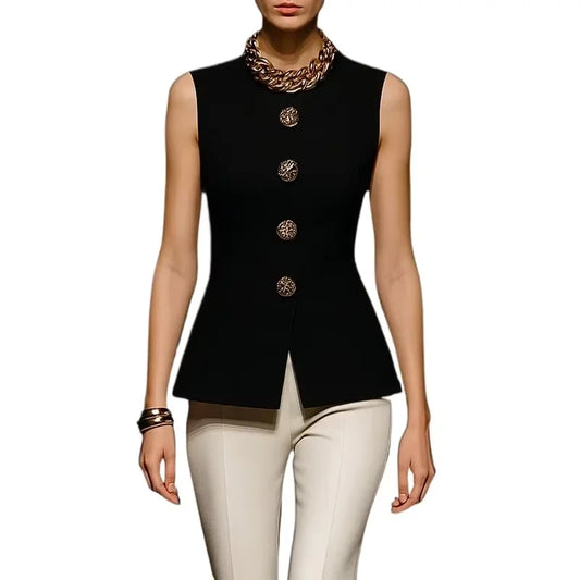 Women's Black Elegant Summer Sleeveless Tailored Tunic Top