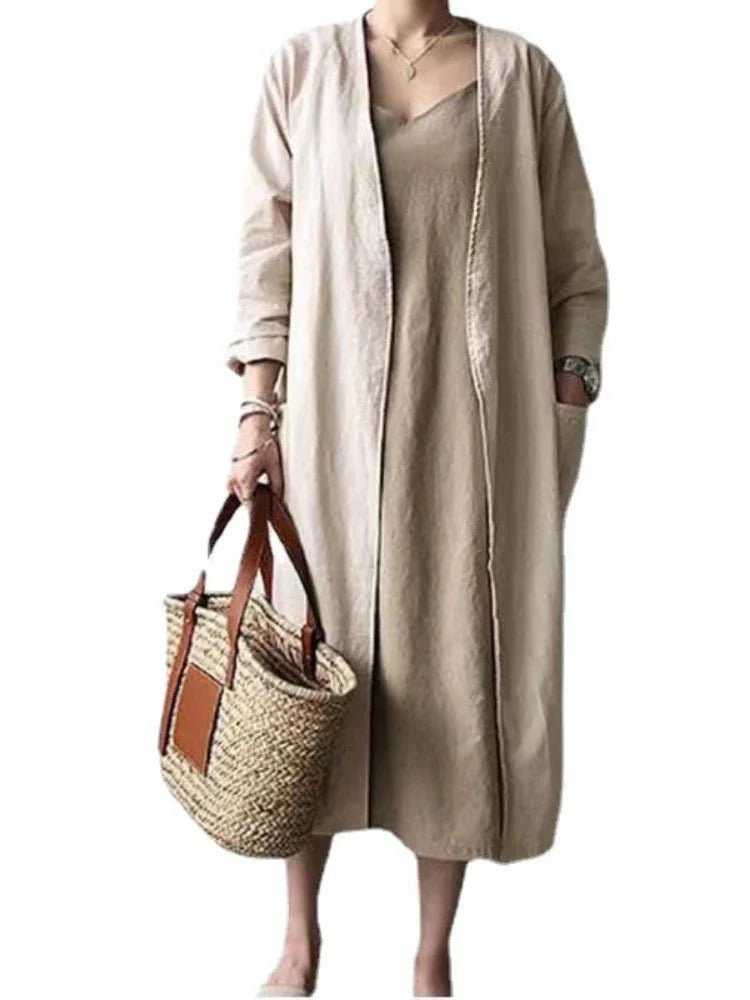 Women's Cotton Linen Trench Coat, Classic Robe