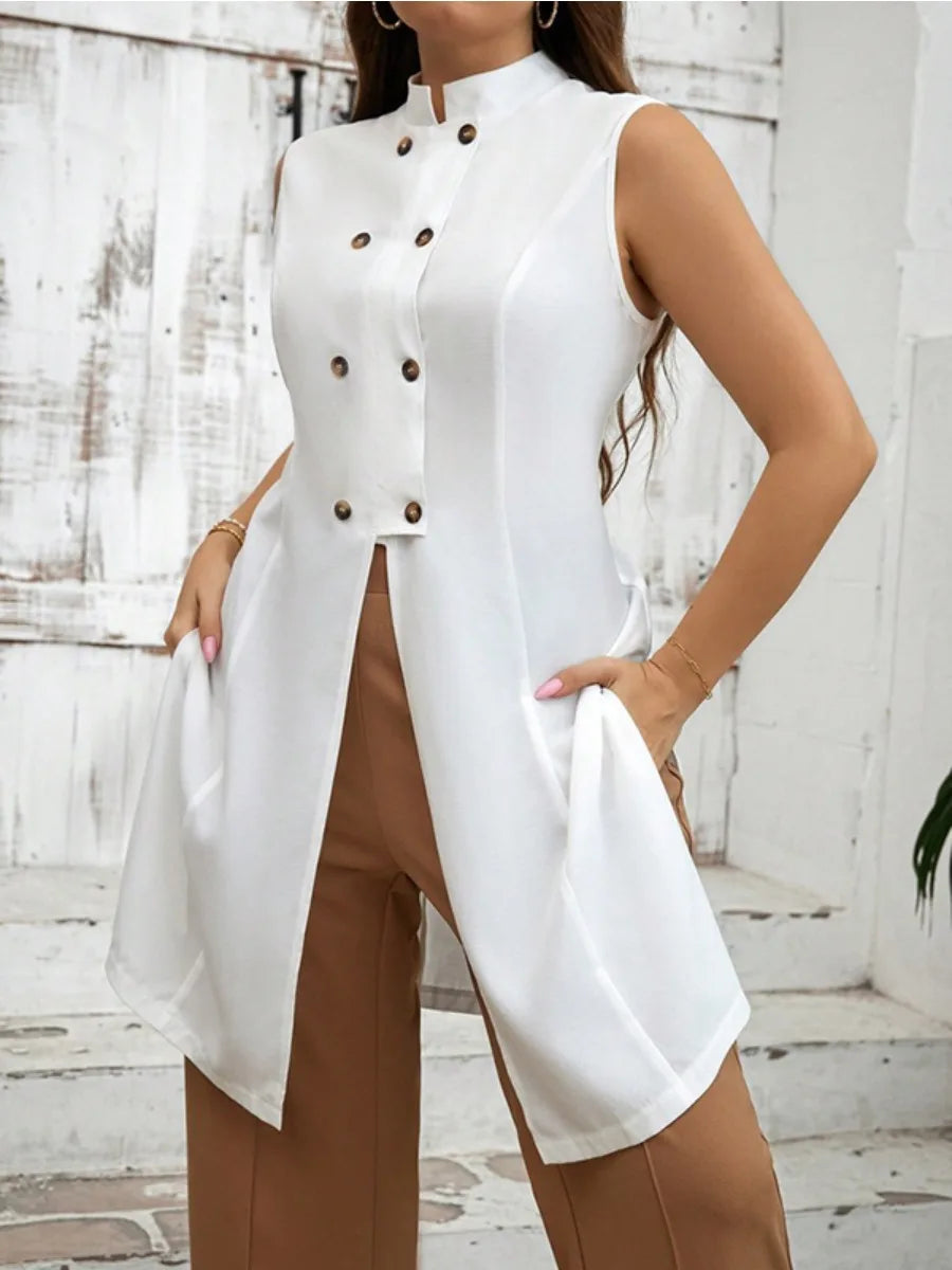 Women's Stand Collar Extra-Long White Tunic Top