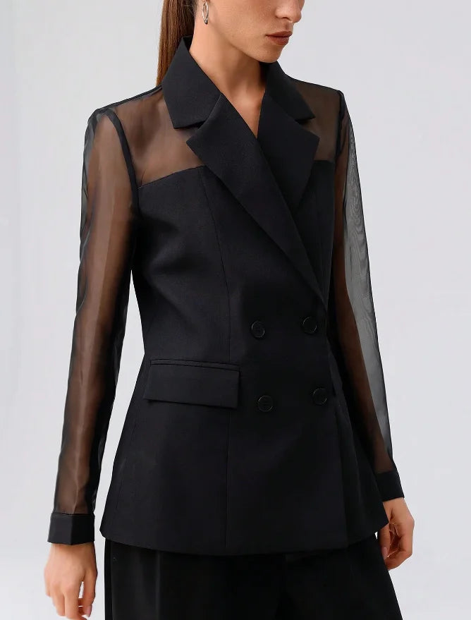 Vireous Women's Black Blazer Translucent Sleeves, Catwalk Collection