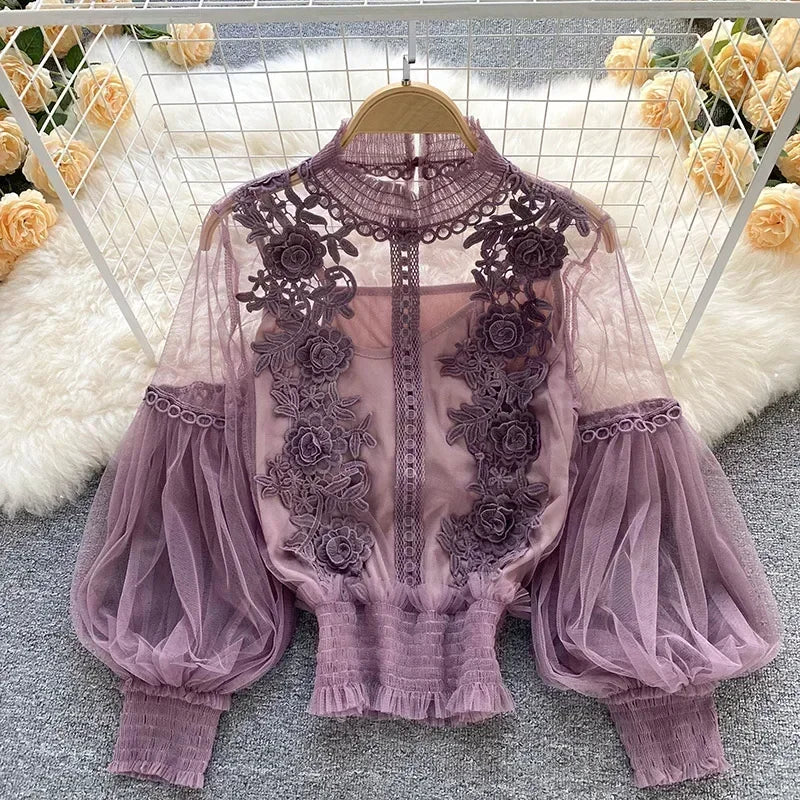 Lace See-Through Puff-Sleeve Vintage Fashion Blouse