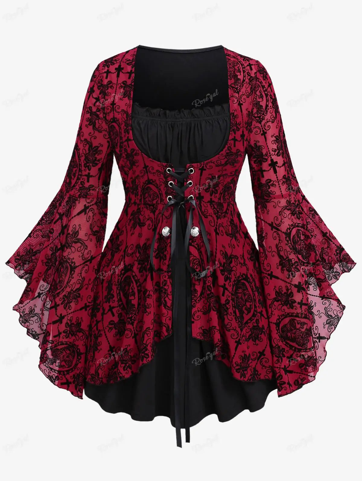 Gothic Bell Sleeves Organza Mesh Lace-Up Blouse, Plus Sizes