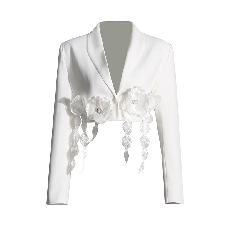 Women's Shawl Collar Cropped White Jacket with Floral Appliques, Catwalk Collection