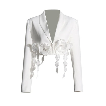 Women's Shawl Collar Cropped White Jacket with Floral Appliques, Catwalk Collection