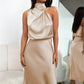 Vireous Summer Silk Satin Sleeveless Long Dress, Draped Bodice