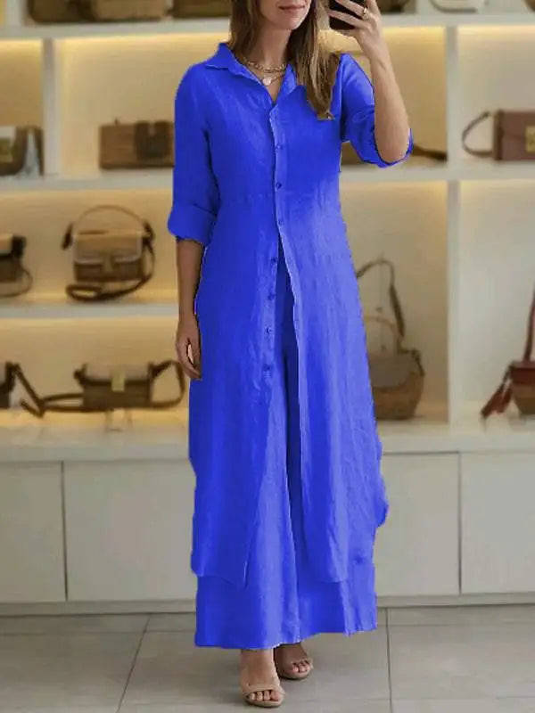 Elegant Lapel Single-Breasted Long Shirt and Wide-Leg Pants Suit