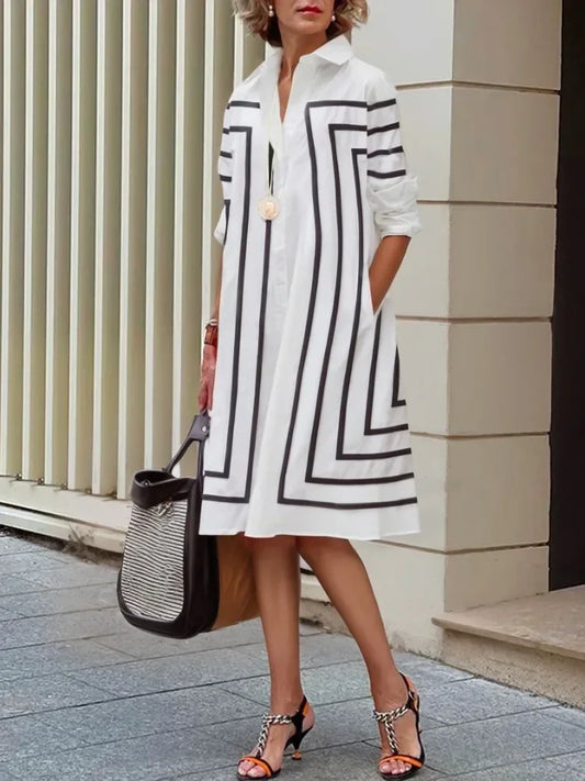 Vireous Black and White Contrast Colour Elegant Casual Dress