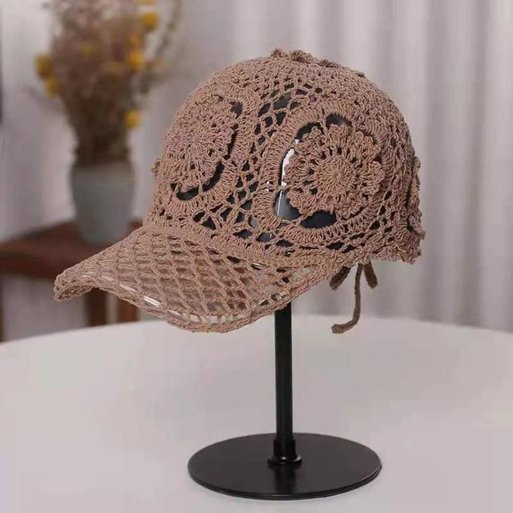Women's Crochet Summer Peaked Cap, Floral Pattern, Casual Wear