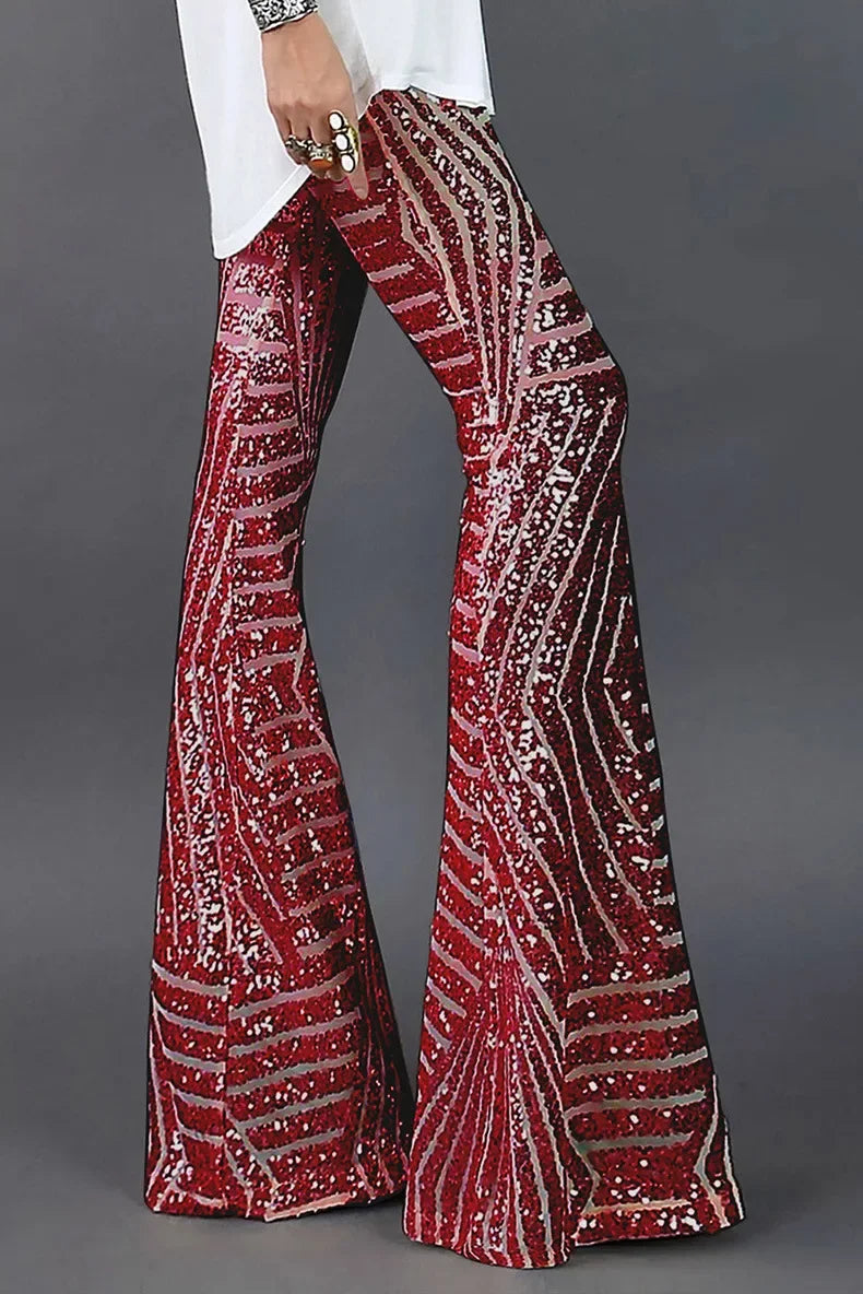 Vireous Women's Sparkling Sequin Slacks, Loose Mid-Waist Trousers