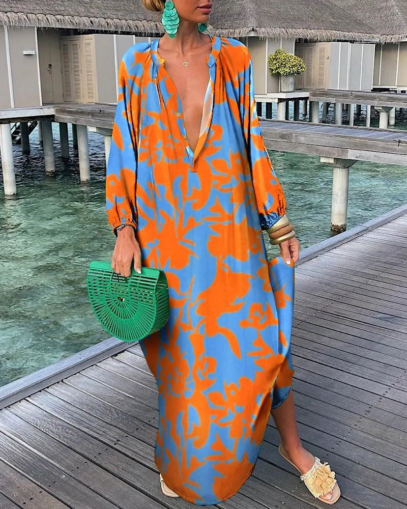 Summer Casual Fashion Print Loose Maxi Dress, Psychedelic Colours