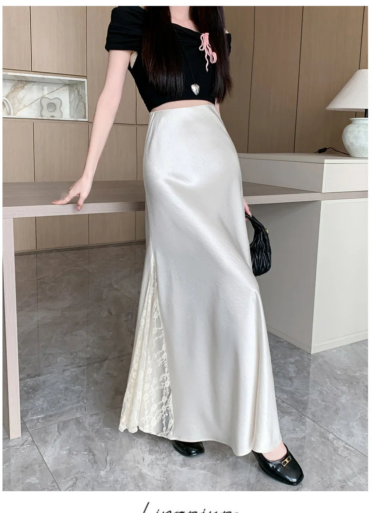 Vireous Satin Women's Long Skirt, Side Lace Patchwork