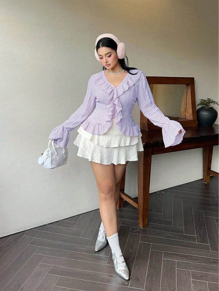 Vireous Elegant French Ruffle Flared-Sleeve Blouse, Plus Sizes