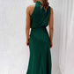 Vireous Summer Silk Satin Sleeveless Long Dress, Draped Bodice