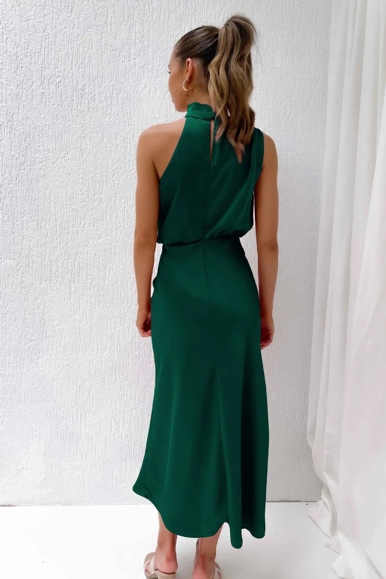 Vireous Summer Silk Satin Sleeveless Long Dress, Draped Bodice