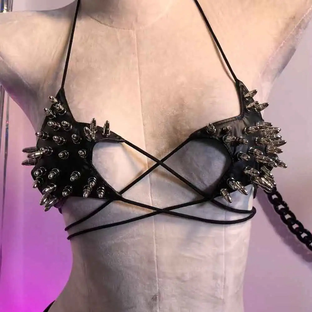 Gothic Crop Top with Spikes, Punk Rave Festival Bra, Multi Designs