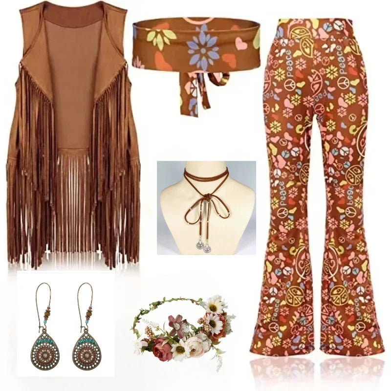 Complete Outfit, Hippie Disco 60s 70s Cosplay Costume in Floral Pink or Brown