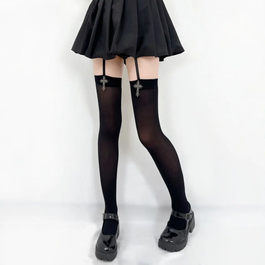 Dark Cross Gothic Over-Knee Stockings with Cross Decoration