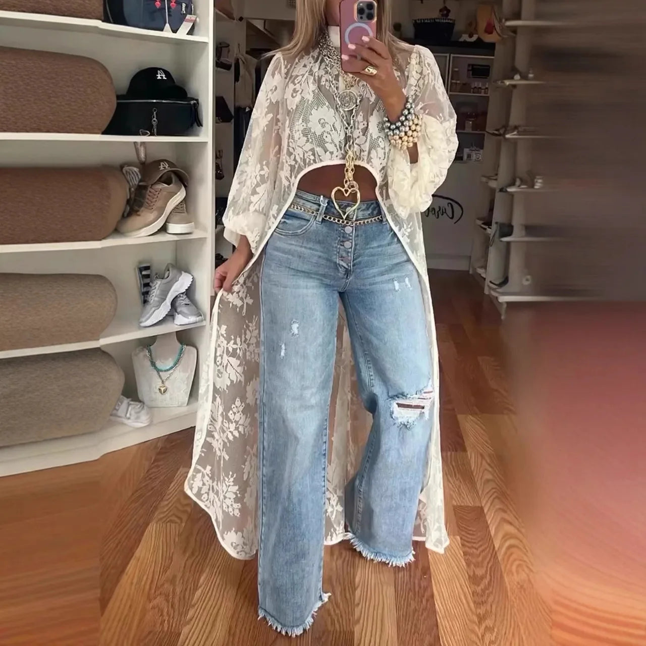 Vireous Lace Floral Extra-Long Shirt Top, High Neck Overwear