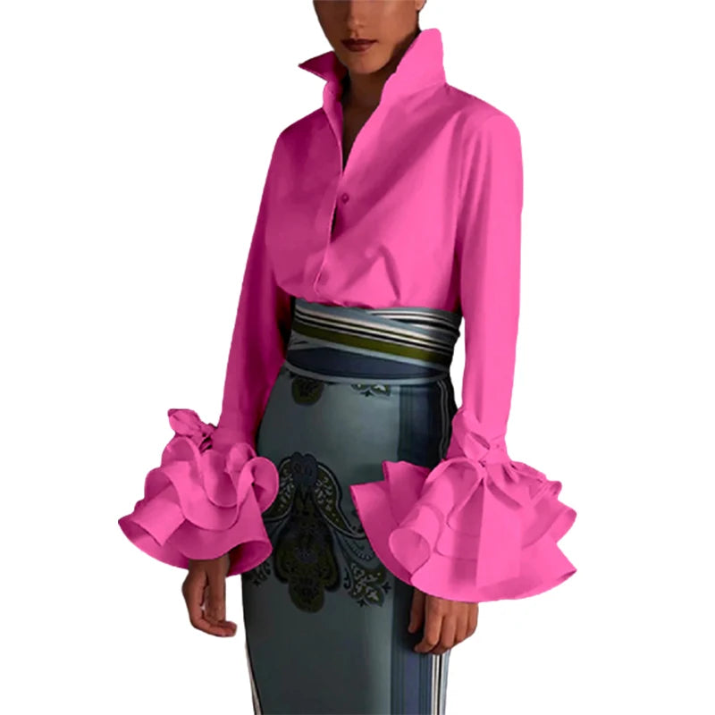 Vireous Women's Elegant Flared-Sleeves Falbala Blouse