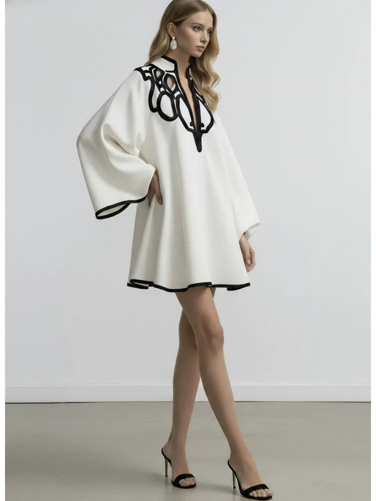 Avant Garde Black and White Contrast Bell-Sleeve Loose Fit Mini Dress