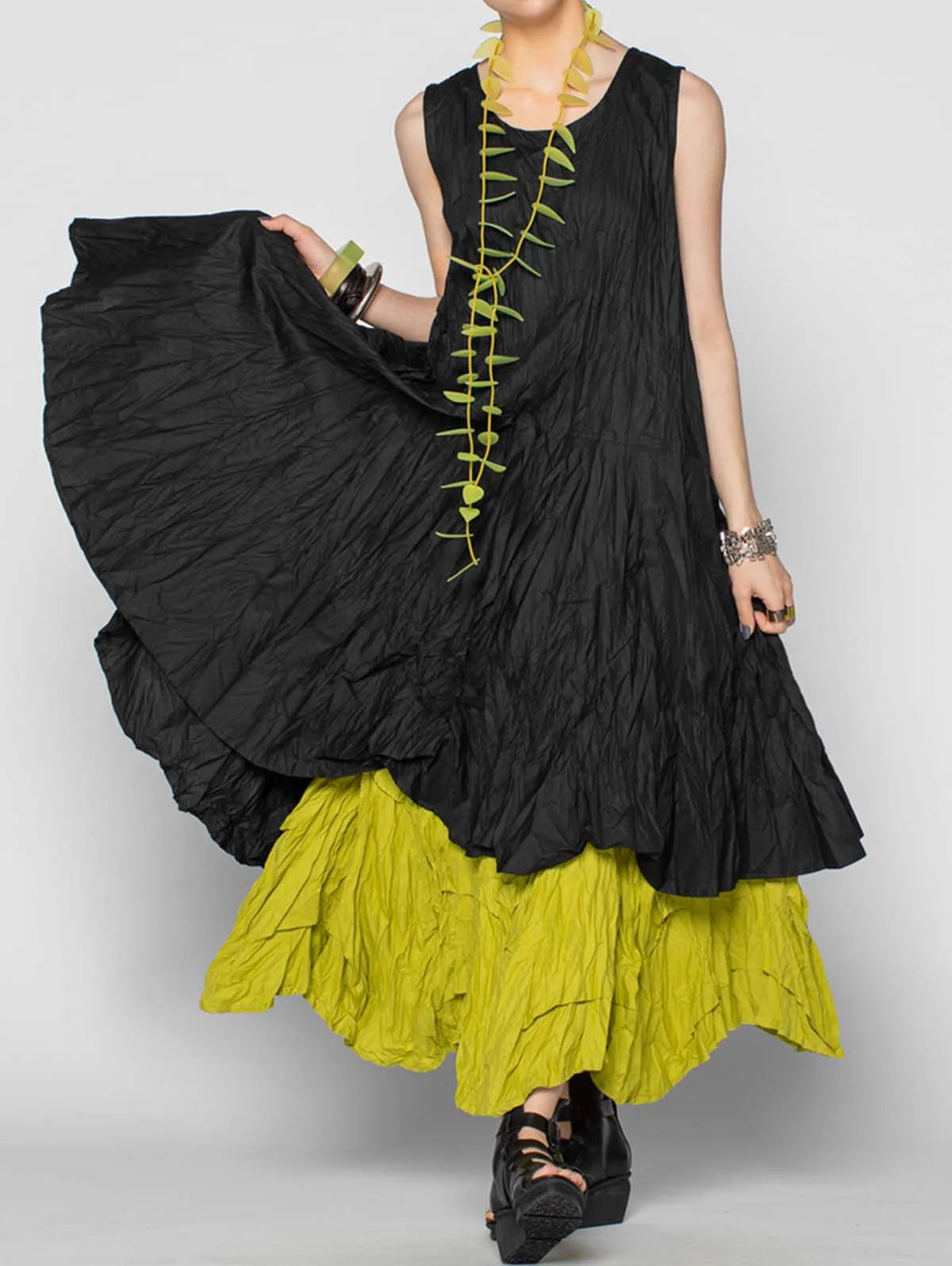 Vireous Women's Casual Sleeveless Fake-Two-Piece Wild Gathered Dress