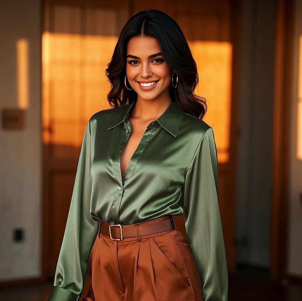 Vireous Luxury Soft Satin Women's Classic Shirt, Block Colours