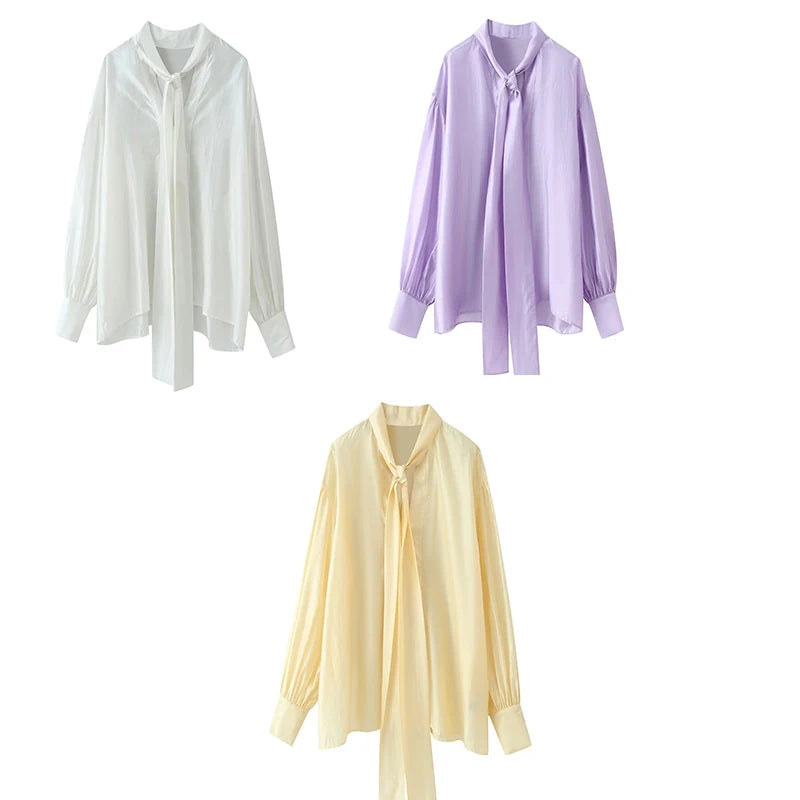 Women's Bow-Tie Drapey Casual Fashion Shirt, Long-Sleeve Blouse