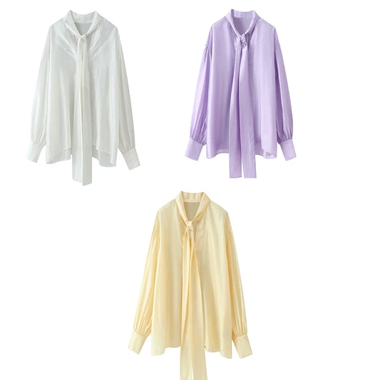 Women's Bow-Tie Drapey Casual Fashion Shirt, Long-Sleeve Blouse