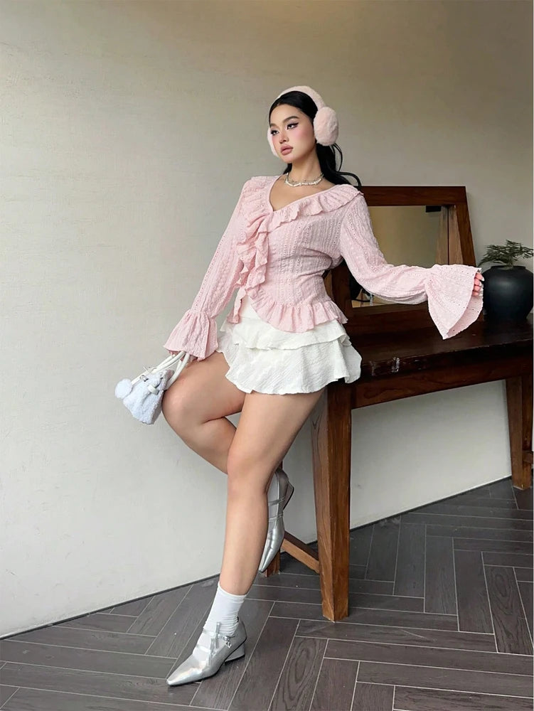 Vireous Elegant French Ruffle Flared-Sleeve Blouse, Plus Sizes