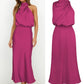 Vireous Summer Silk Satin Sleeveless Long Dress, Draped Bodice