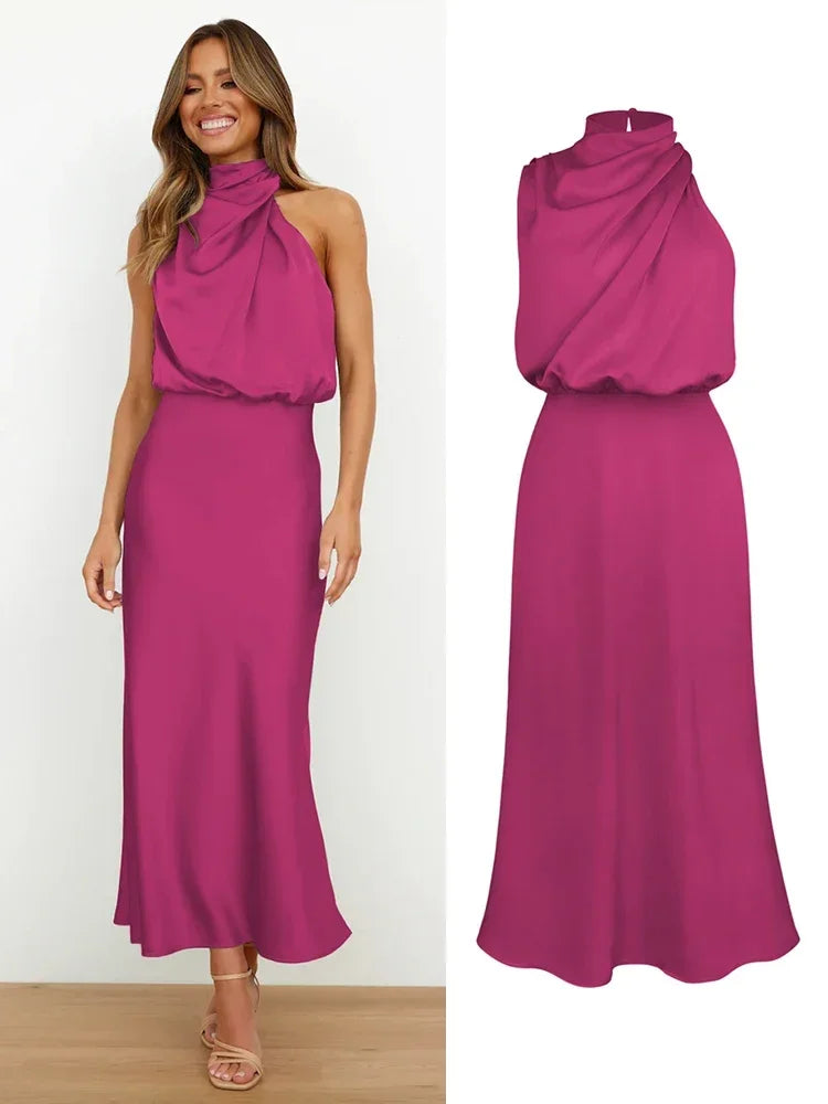 Vireous Summer Silk Satin Sleeveless Long Dress, Draped Bodice