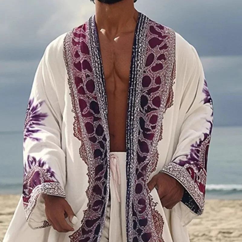 Ethnic Vintage Print Men's Long Cotton Coat