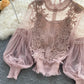 Lace See-Through Puff-Sleeve Vintage Fashion Blouse