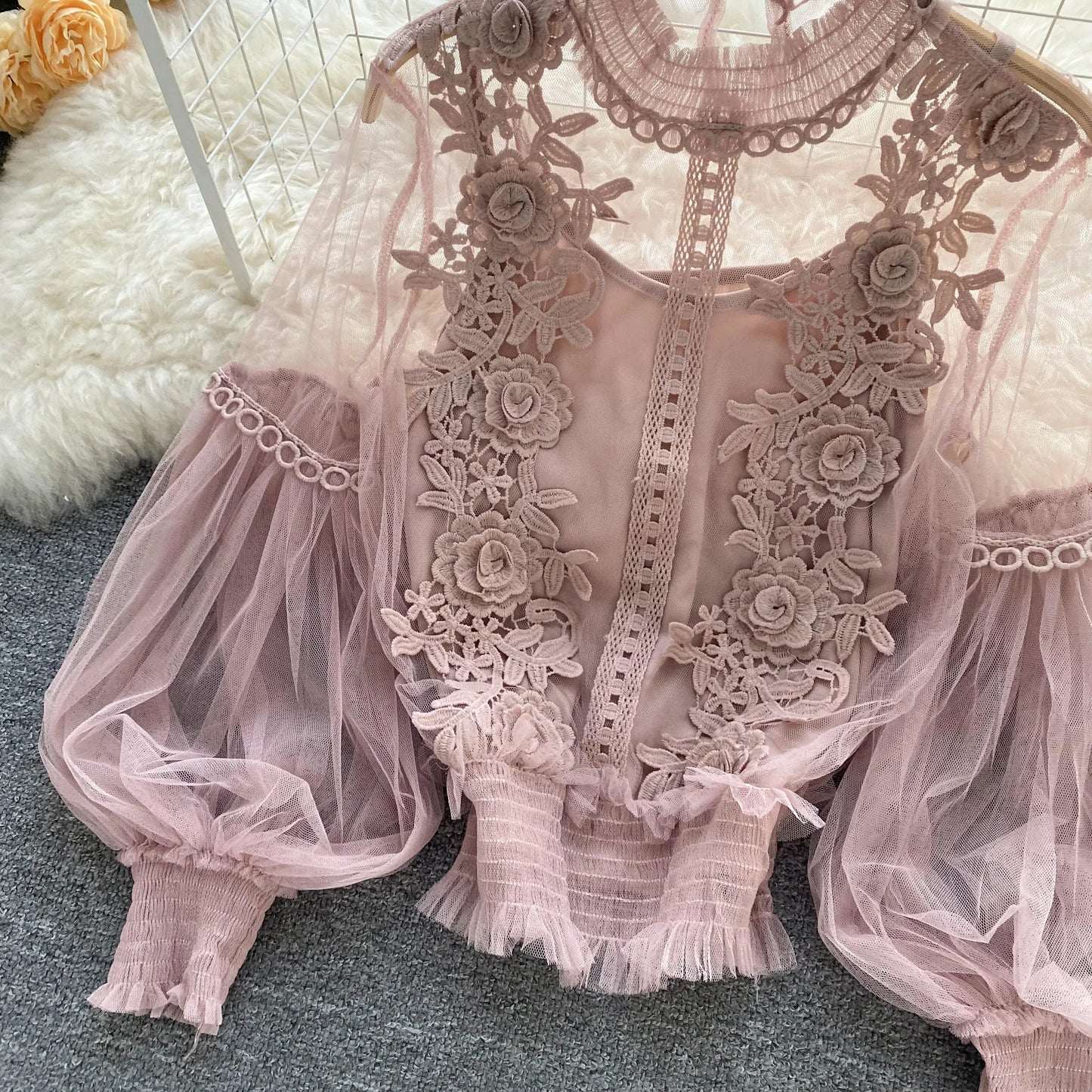 Lace See-Through Puff-Sleeve Vintage Fashion Blouse