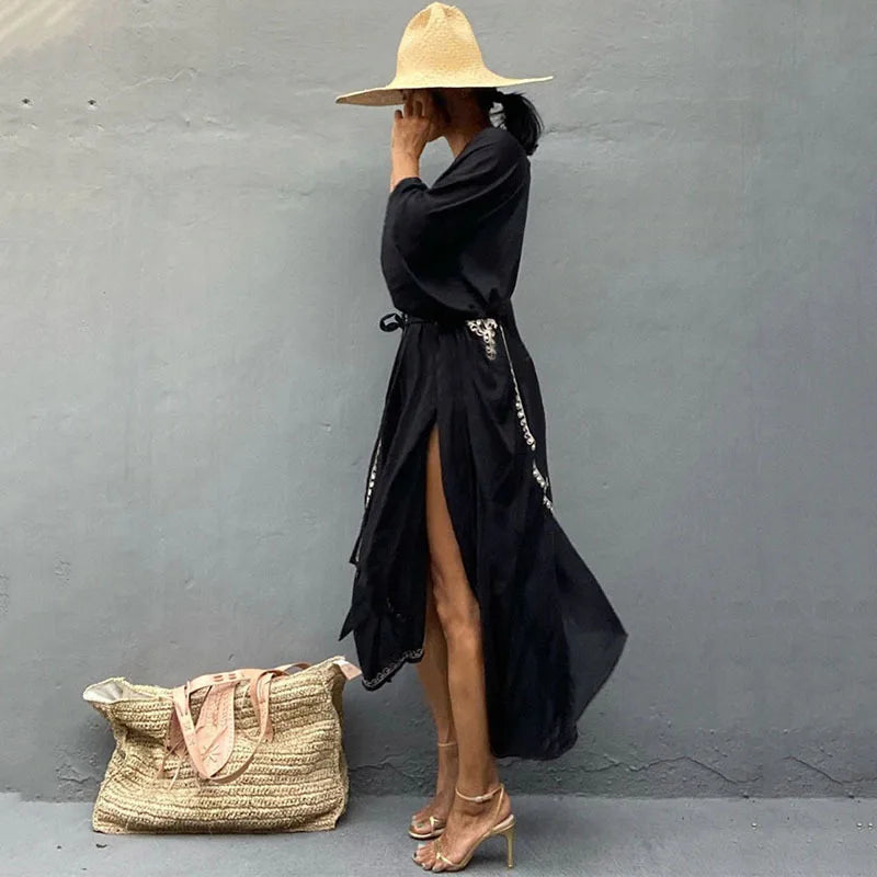 Loose Beach Kimono Cardigan Swimsuit Cover Up with Embroidery
