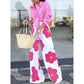 Vireous Loose Wide-Leg Contrast Colour Floral-Printed Casual Pants