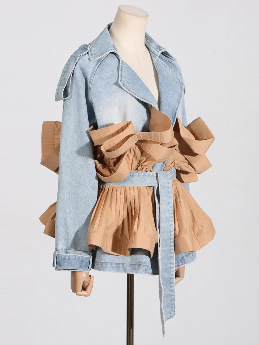 Women's Comfort Stone-Washed Denim Jacket with Bold Ruffles, Catwalk Collection