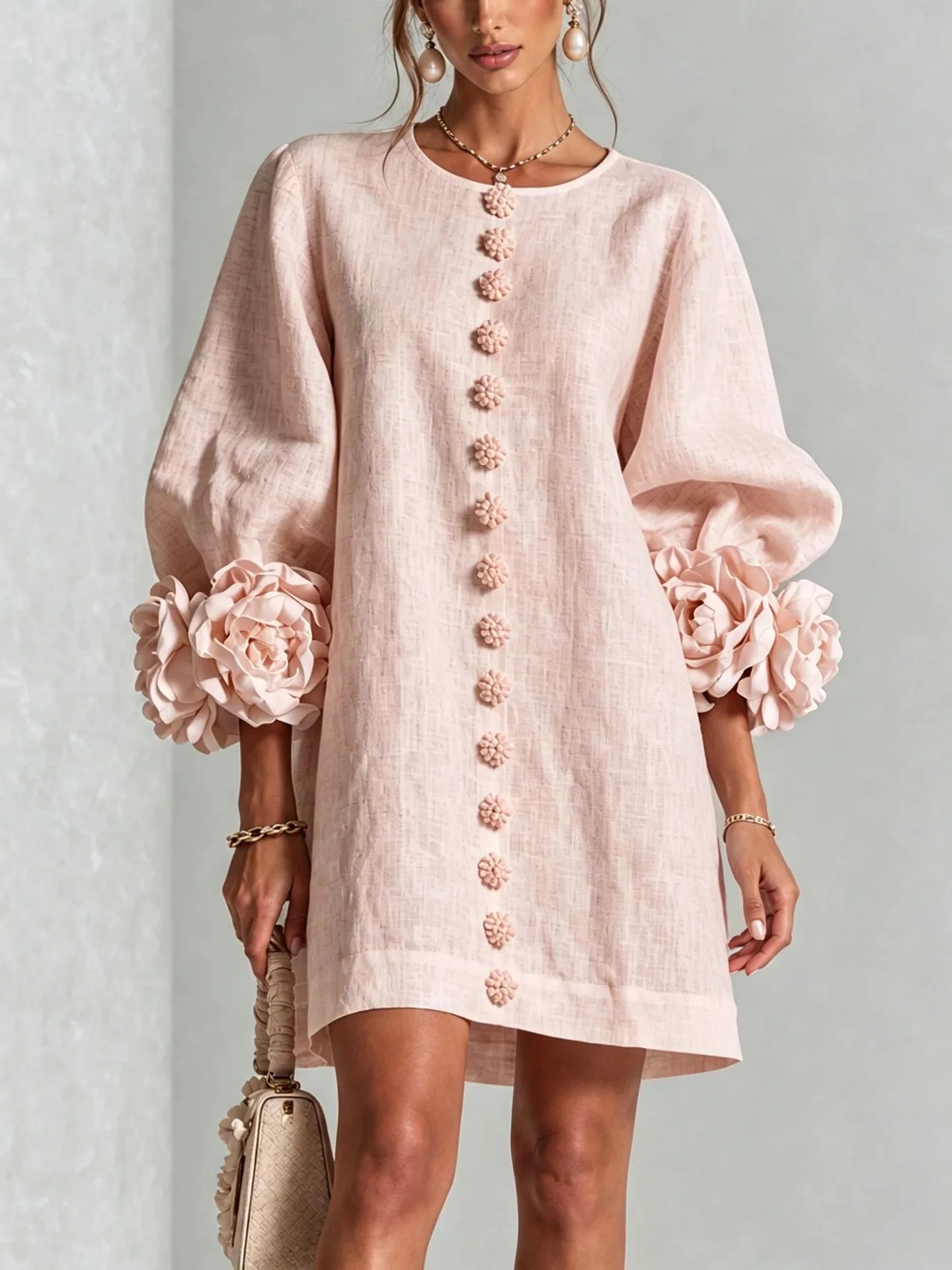 Vireous Women's Linen Mini Dress with Flower Buttons