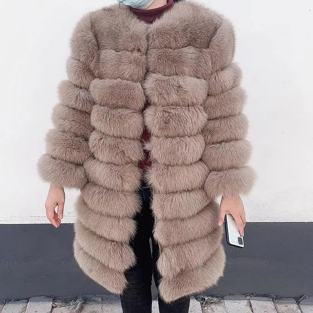 Avant Garde Ribbed Round-Neck Luxury Real Fox Fur Coat