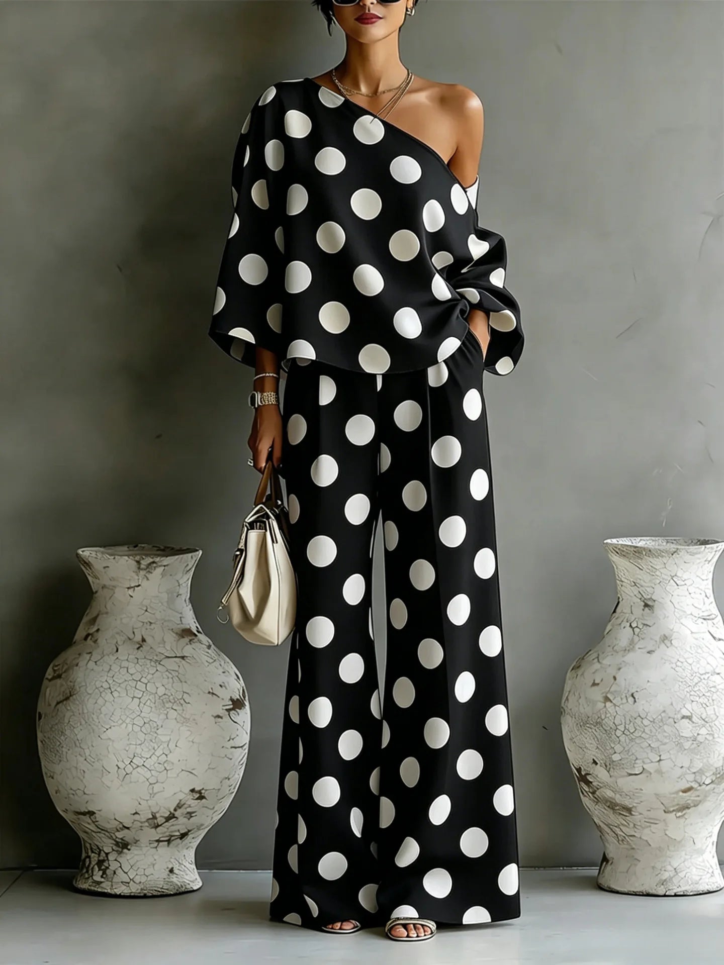 Colour-Wave Point Set, Women's Slant Shoulder Two-Piece Summer Suit