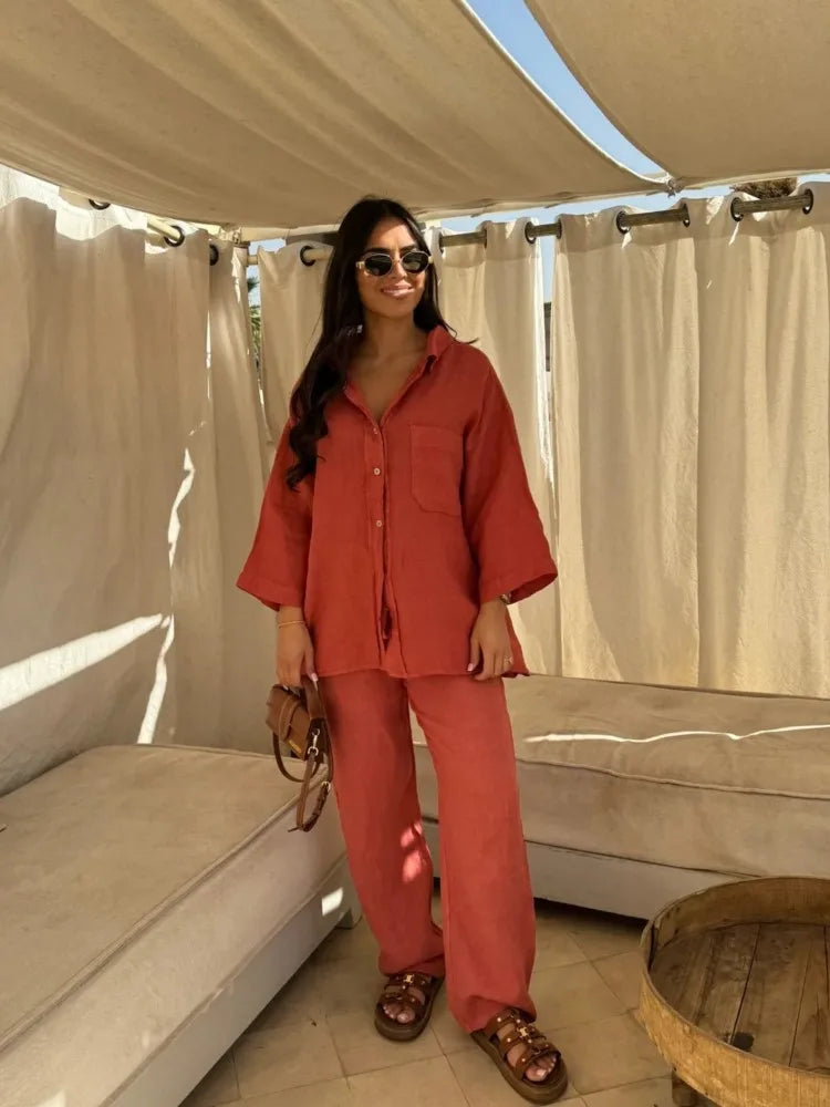 Simple Cotton Linen Women's Summer Pants Suit, Multi Colours