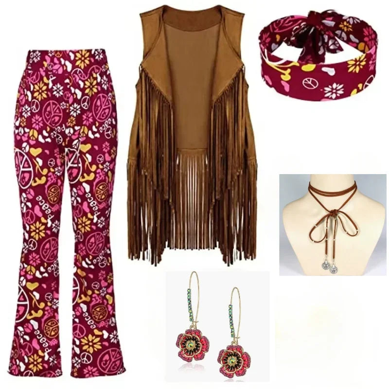 Complete Outfit, Hippie Disco 60s 70s Cosplay Costume in Floral Pink or Brown