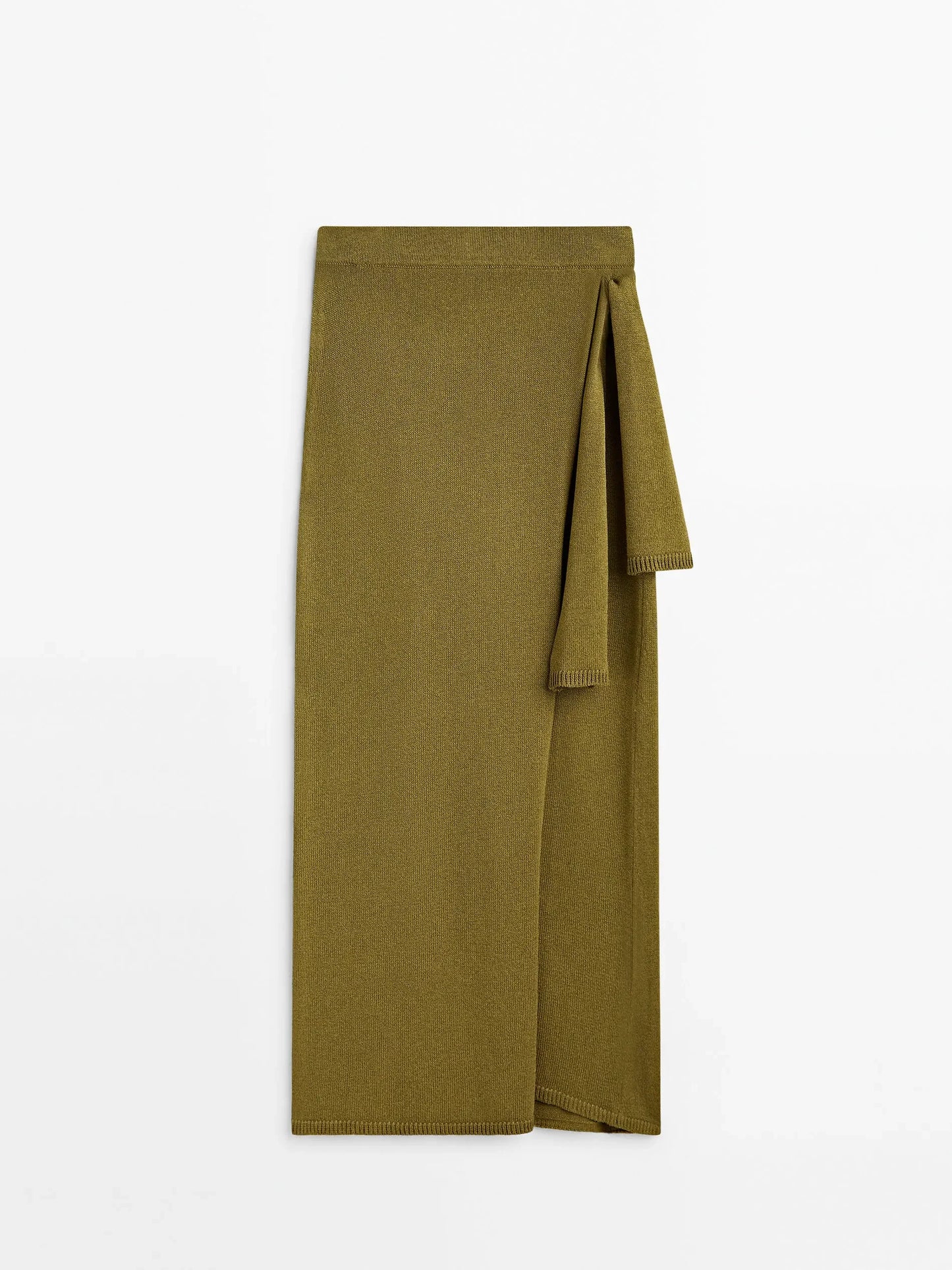 Vireous Women's Fashion Knitted Side-Knot Army Green Split-Front Long Skirt